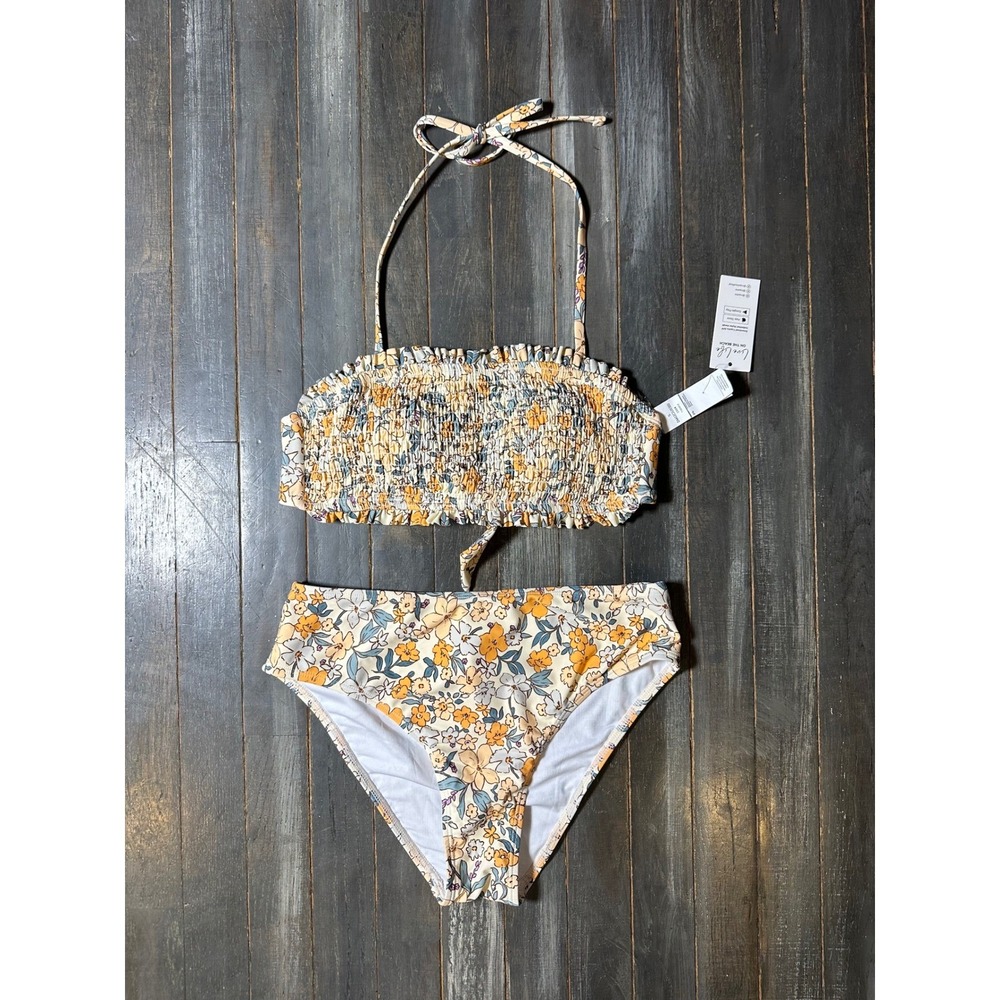 Cupshe Womens Yellow Floral Smocked Halter Bikini Set High Waisted Two Piece NEW